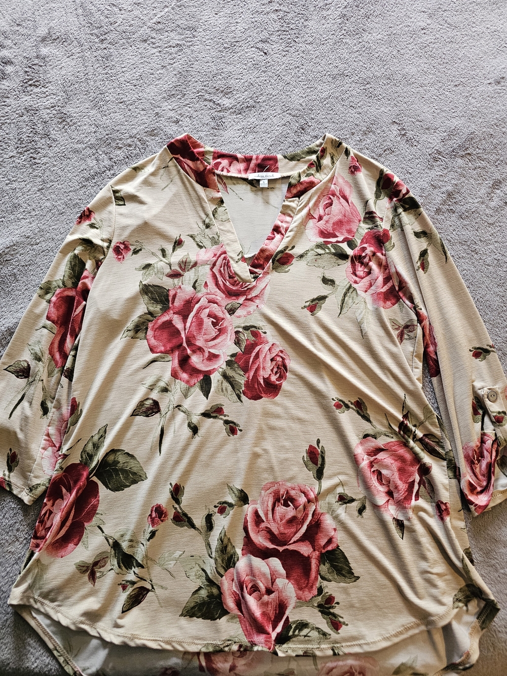 white birch Beige Blouse with Pink Rose Print